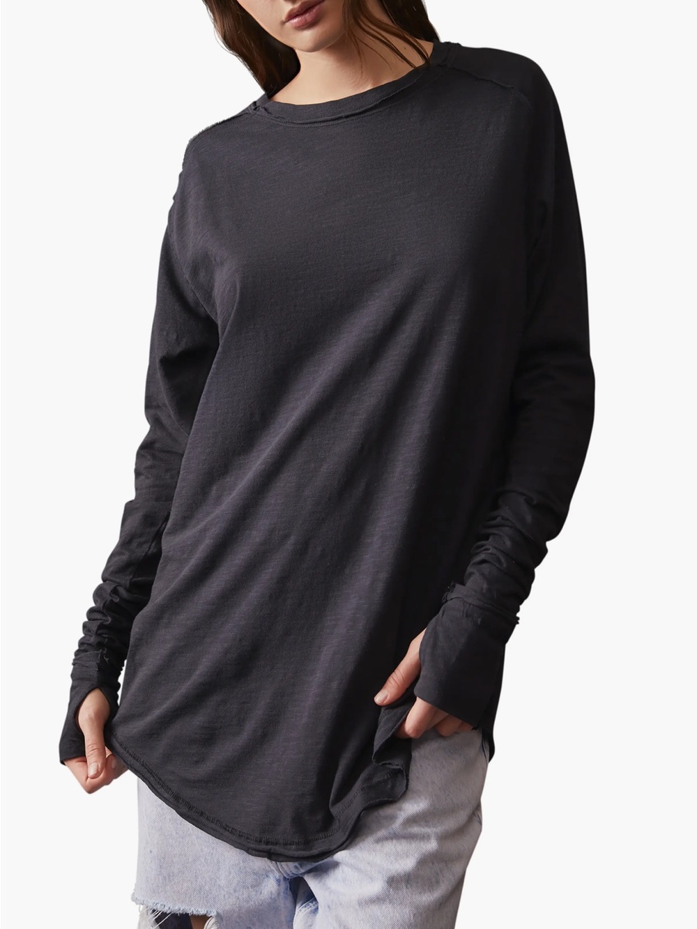 Free People Washed Black Long Sleeve Crewneck Tunic